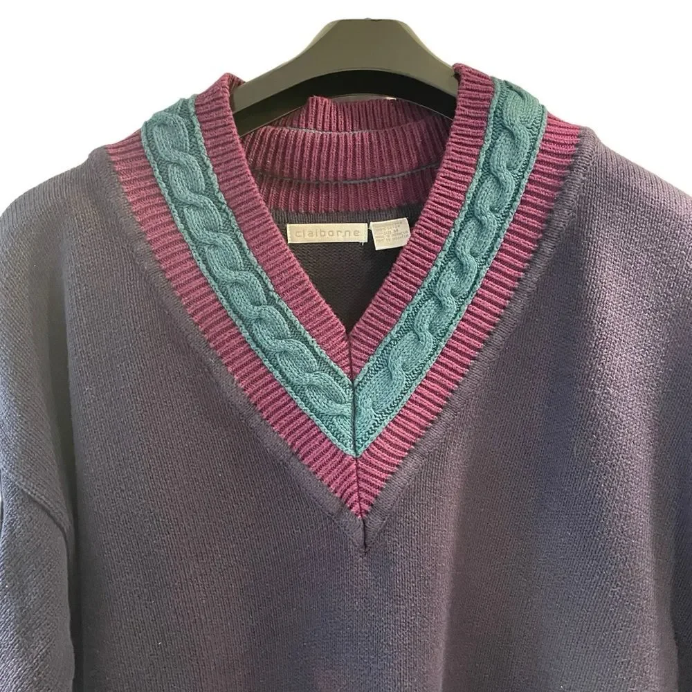 Vintage 90’s Claiborne Men’s V-neck Knit Navy Purple Green Sweater Size Medium